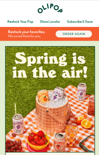 Olipop’s Spring email newsletter titled "spring is in the air"